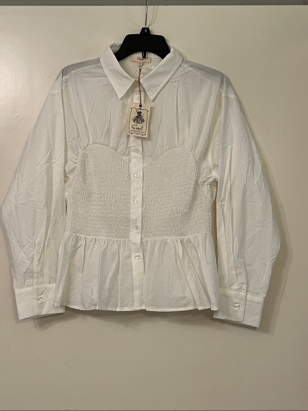 Easel White Button-Front Peplum Shirt with Smocked Bodice Size Large